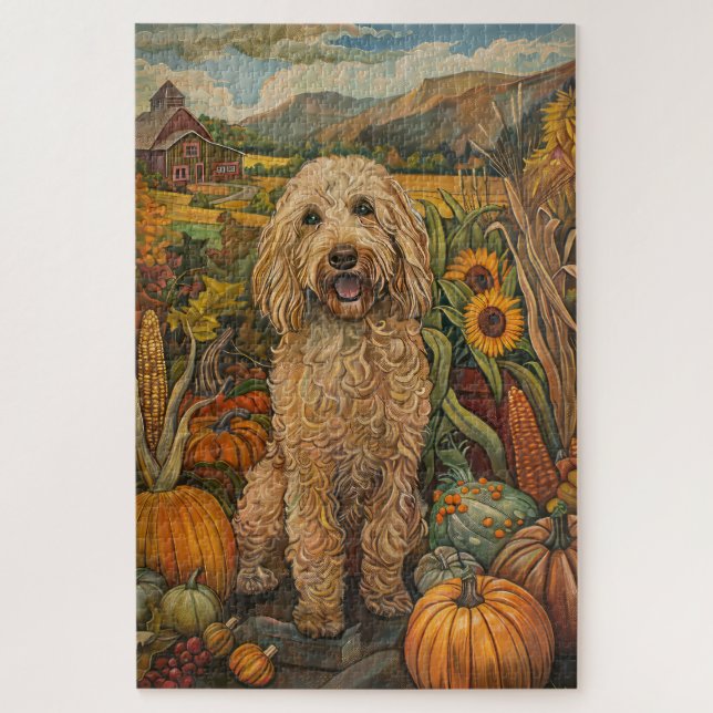 Puzzle Goldendoodle Dog Autumn Harvest Acción de Gracias (Vertical)