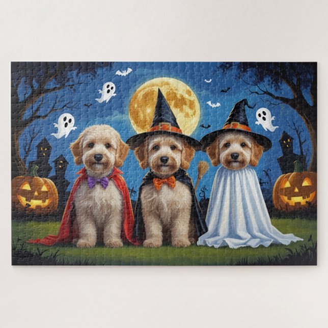 Puzzle Goldendoodle Dogs Pumpkin Halloween Funny (Horizontal)