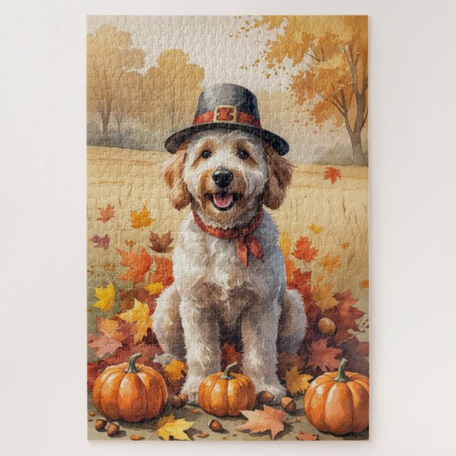Puzzle Goldendoodle en otoño deja arte de Acción de Graci (Vertical)
