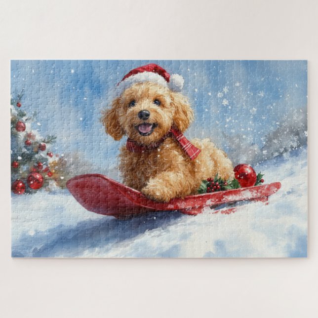 Puzzle Goldendoodle Perro en Trineo Deja que Nieve Navida (Horizontal)
