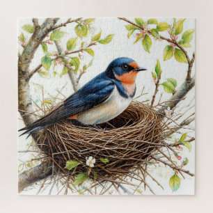 Puzzle Golondrina común anidando en una rama cubierta de