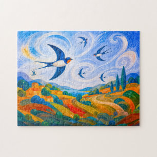Puzzle Golondrinas que se deslizan en el cielo ventoso de