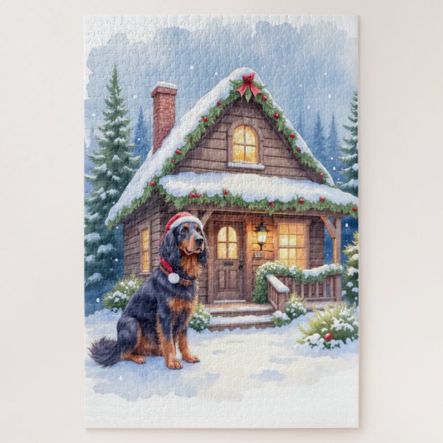 Puzzle Gordon Setter Snowy Lodge Santa Hat Christmas Art (Vertical)