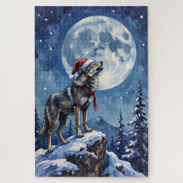 Puzzle Gorro de Lobo Aullando Bajo la Luna de Navidad (Vertical)