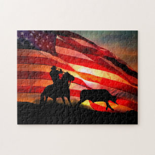 Puzzle Gotcha  Cowboy and Steer with American Flag