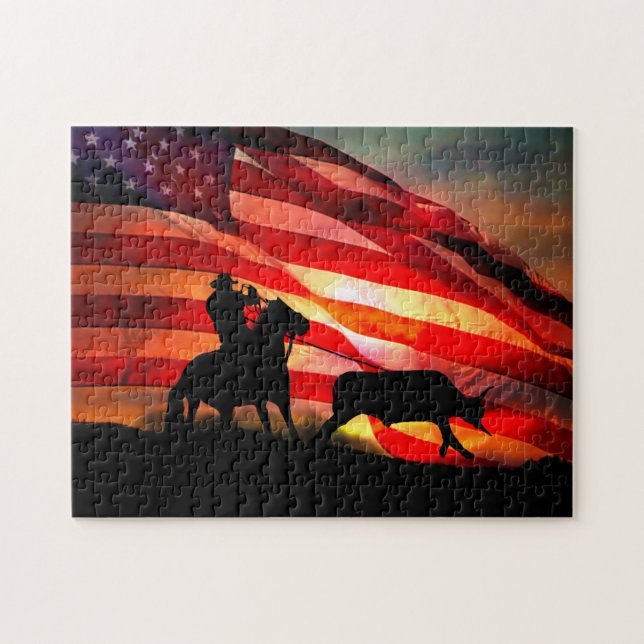 Puzzle Gotcha  Cowboy and Steer with American Flag (Horizontal)