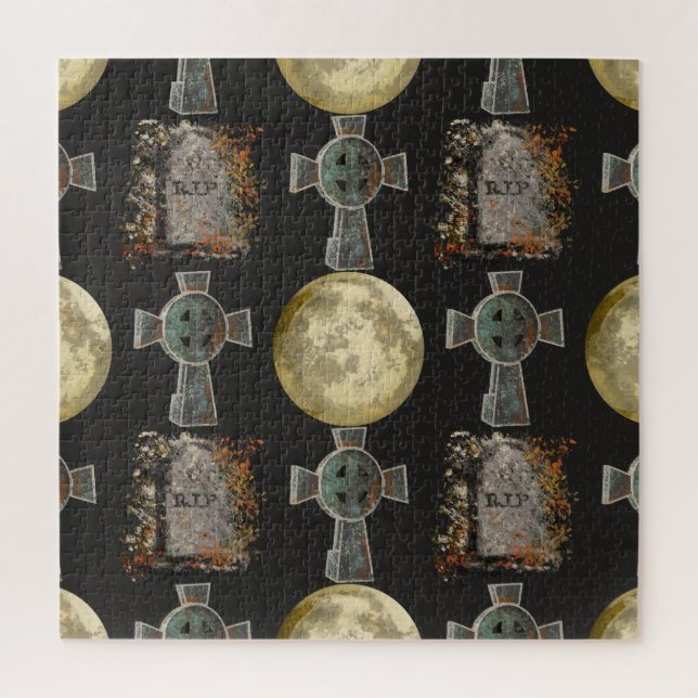 Puzzle Gothic R.I.P. Headstone Celtic Cross Full Moon Art (Vertical)