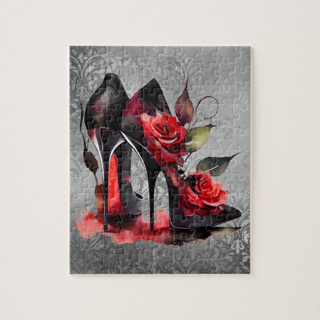 Puzzle Gótico Fashionista Rojo abajo Stilettos con Rosas (Vertical)