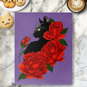 Puzzle Gótico Gato Negro Rosas Rojas Púrpura