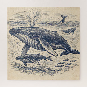 Puzzle Grabado vintage de manada de ballenas jorobadas