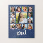 Puzzle Graduación azul K-12 Collage de fotos negrita mode<br><div class="desc">Estar orgulloso, alegrarse y mostrar este hito de tu grado favorito. Crea este elegante, simple, moderno, personalizado rompecabezas de rompecabezas de collage K - 12 de fotos para un gran placer. Una divertida y divertida imagen de tipografía en negrita, gráfica, blanca, junto con su nombre, año de clase, escuela y...</div>