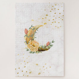 Puzzle Gráfico de luna botánica beige y amarillo