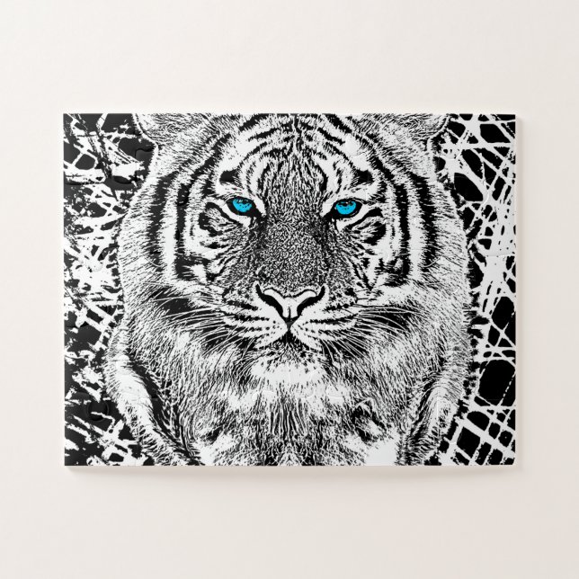 Puzzle Gráfico De Tigres De Ojos Azules Negros Y Blancos (Horizontal)
