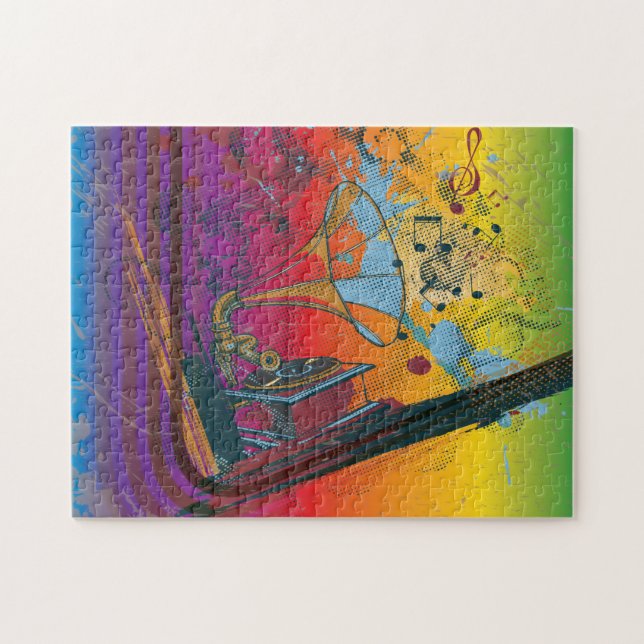 Puzzle gramófono retro en el fondo con colores arcoiris (Horizontal)