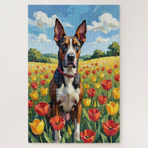 Puzzle Gran Danés Campo de Tulipanes de Primavera Perro