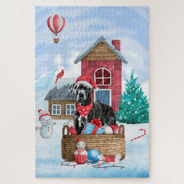 Puzzle Gran Danés en casa de perro de Navidad en la nieve (Vertical)