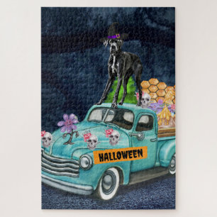 Puzzle Gran Danés Perro Halloween Camión Noche Espeluznan