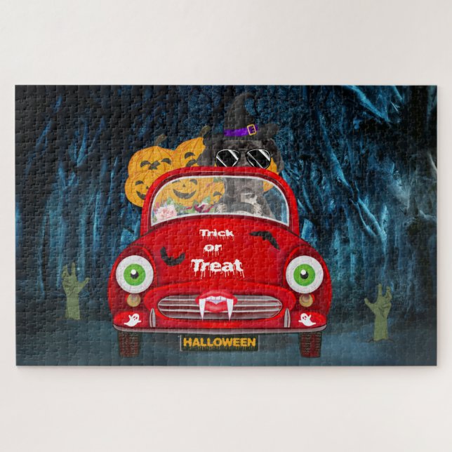 Puzzle Gran Perro Dane conduciendo coche asusta Halloween (Horizontal)