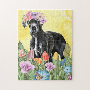 Puzzle Gran Perro danés con primavera de flores