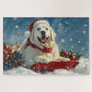 Puzzle Gran Perro Pirineo en Trineo Deja que Nieve Navida