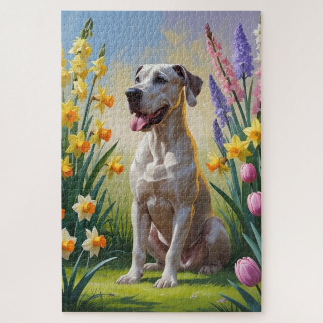 Puzzle Gran pintura de perro danés con flores de primaver (Vertical)