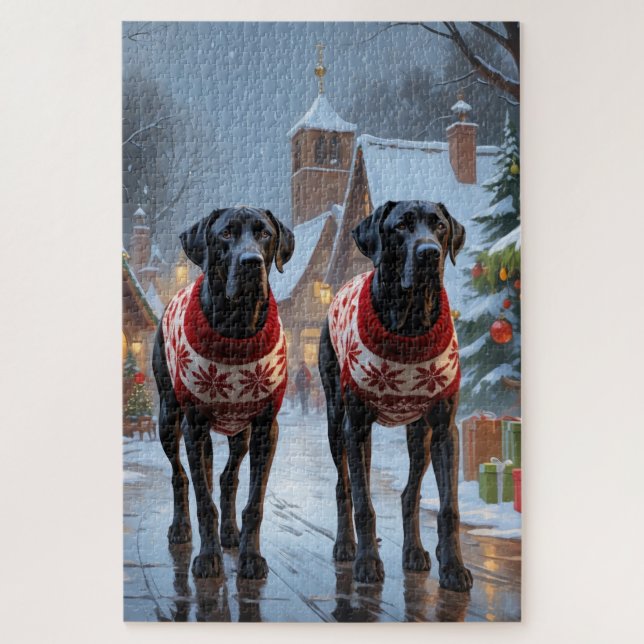Puzzle Grandes Perros Danés Navidad Nieve Fiesta (Vertical)