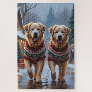 Puzzle Grandes Perros Pirineos Navidad Nieve Fiesta