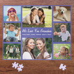 Puzzle Grandma Love You Photo Collage Purple<br><div class="desc">A fun photo collage purple jigsaw puzzle for the world's greatest Grandma. You can personalize with eight family photos of grandchildren, children, pets, etc., customize the expression to "I Love You" or "We Love You, " and whether she is called "Grandma, " "Nana, " "Mommom, " etc., and add the...</div>