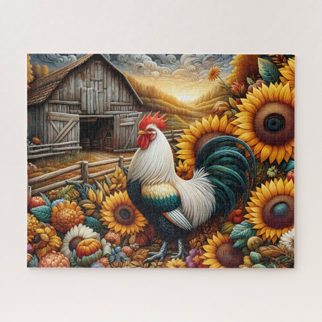 Puzzle Granero de Girasoles con Gallo (Horizontal)