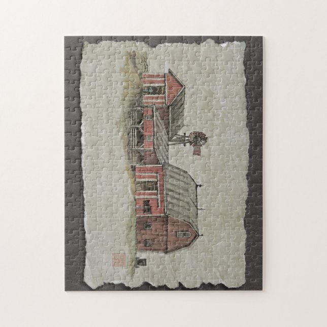 Puzzle Granero y molino de viento rojos de Amish (Vertical)