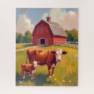 Puzzle Granja de animales de granero rojo pintura de vaca