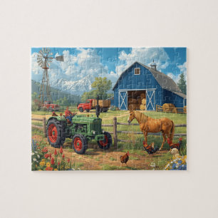 Puzzle Granja de caballos con tractor de granero azul y p