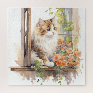 Puzzle Granja de Gatos Esponjosos Pintura Floral Naranja 