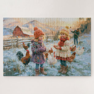 Puzzle Granja de invierno Gallinas Niños Granero Rojo Pin