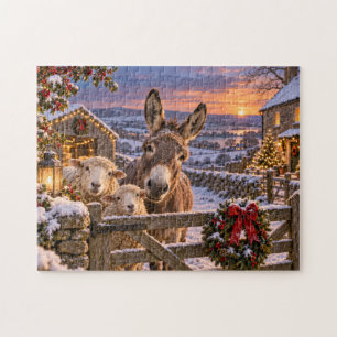 Puzzle Granja de invierno puesta de sol burro ovejas camp
