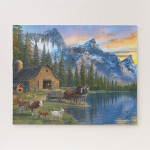 Puzzle Granja en la montaña al atardecer Escena rural pac