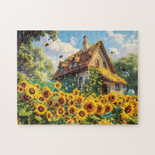 Puzzle Granja iluminada por el sol con girasoles florecie
