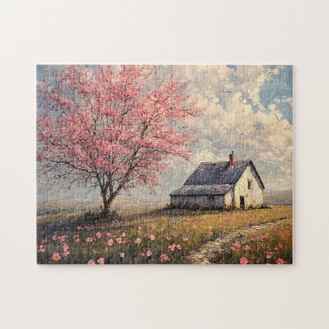 Puzzle Granjero rústico con árbol floreciente (Horizontal)