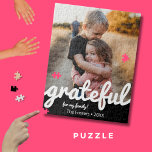 Puzzle Grateful Black and White Script Custom Photo<br><div class="desc">DIY a beautiful keepsake puzzle. Add your favorite photo and customize text areas to make it special and unique for you or as a gift. 
Design features a modern black and white color block script for the word grateful.</div>