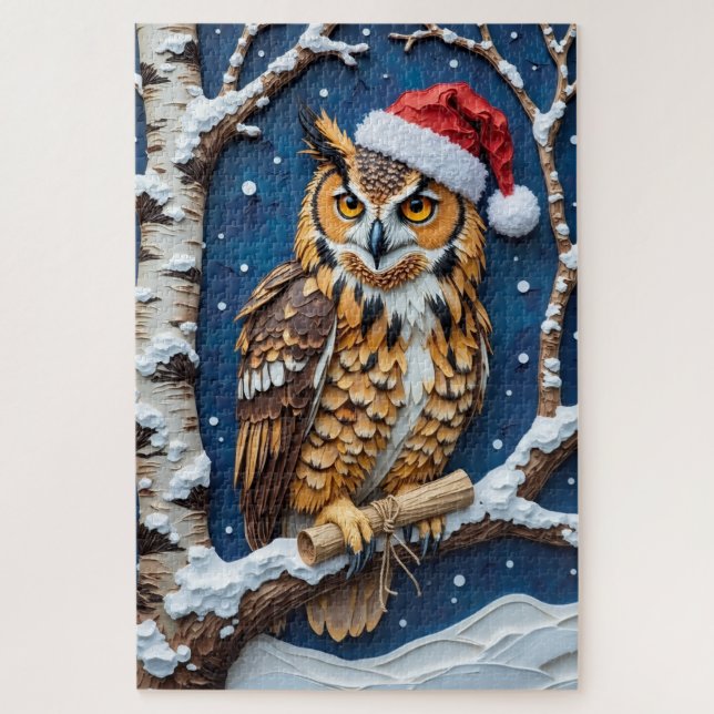 Puzzle Great Horned Owl Christmas Scroll Bearer Hat (Vertical)