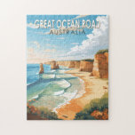 Puzzle Great Ocean Road Australia Viaje arte cosecha<br><div class="desc">Gran diseño de vectores de Ocean Road. La Gran Carretera del Océano es un tramo del Patrimonio Nacional Australiano a lo largo de la costa sureste de Australia entre las ciudades victorianas de Torquay y Allansford.</div>