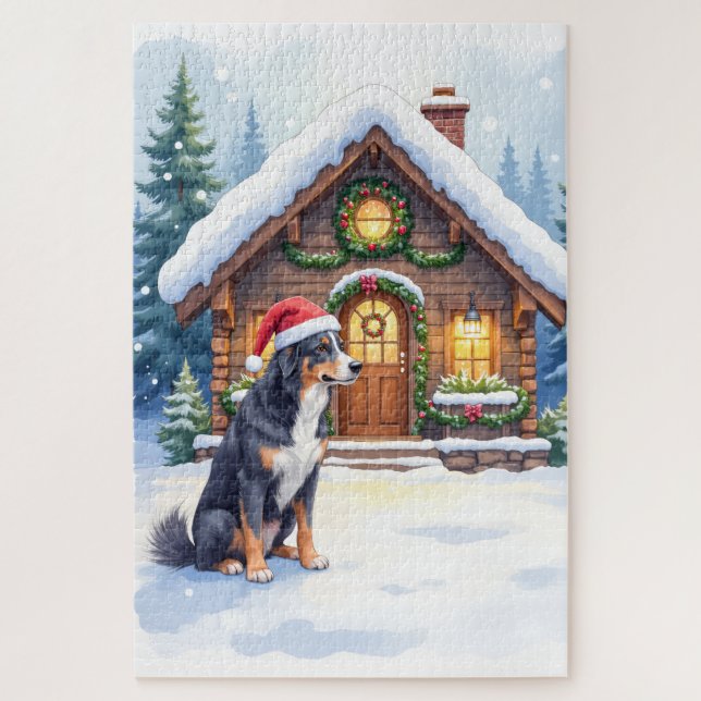 Puzzle Greater Swiss Mountain Dog Snowy Cabin Santa Hat (Vertical)