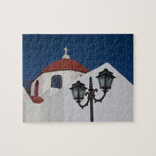 Puzzle Grecia, Mykonos, Capilla con cúpula roja y