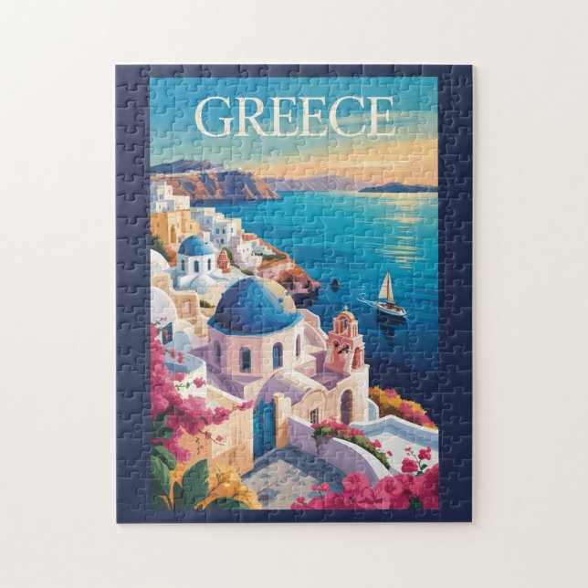 Puzzle Grecia Santorini Ilustracion Viaje Arte Vintage (Vertical)