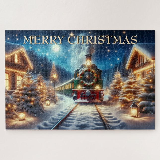 Puzzle Green Christmas Train in Snowy Village (Horizontal)