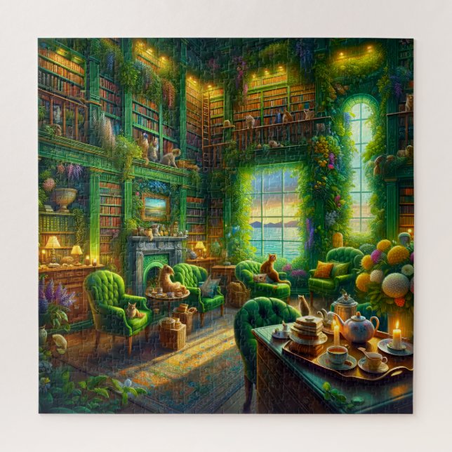 Puzzle Green Library Cat Coastal View (Vertical)