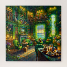 Puzzle Green Library Cat Tea Time Coastal View