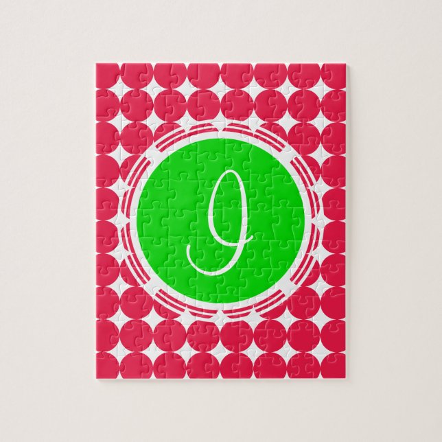 Puzzle Green & Red Polka Dot Monogram (Vertical)
