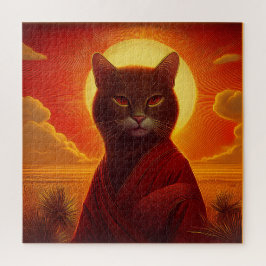 Puzzle Grey Cat Wearing Fashionable Robe In Sunset Scene