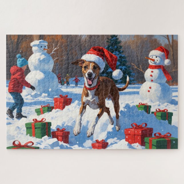 Puzzle Greyhound corre en Nieve con Gorra de Navidades (Horizontal)
